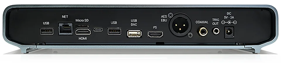 The back of Rivo+, labelled from left: USB, NET, Micro SD, HDMI, a USB-C port, USB, USB DAC, I2S, AES EBU, COAXIAL, TRIG OUT and DC 5V-3A.