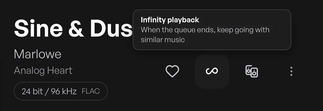 Close-up of Nova explaining the Infinity playback button: when the queue ends, keep going with similar music.