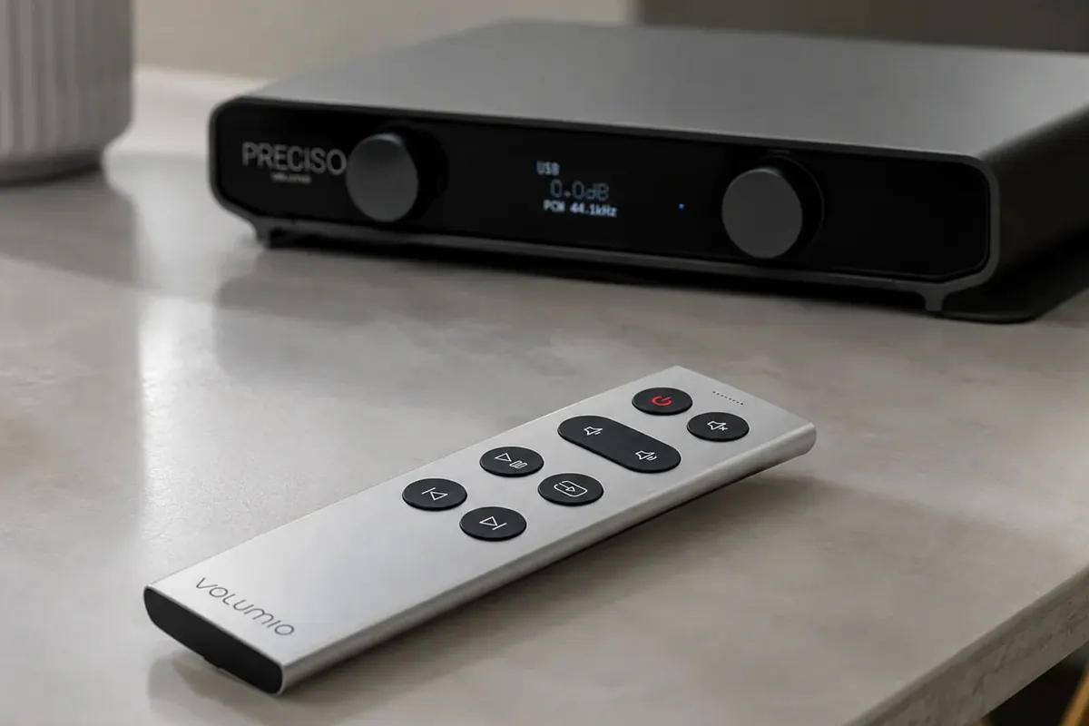 Remoto on a pale stone table, in front of a dark grey Preciso whose display reads USB, 0.0dB and PCM 44.1kHz.