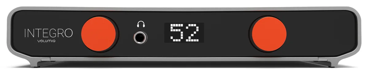 Integro from the front: two orange knobs, a headphone jack and a display showing 52.