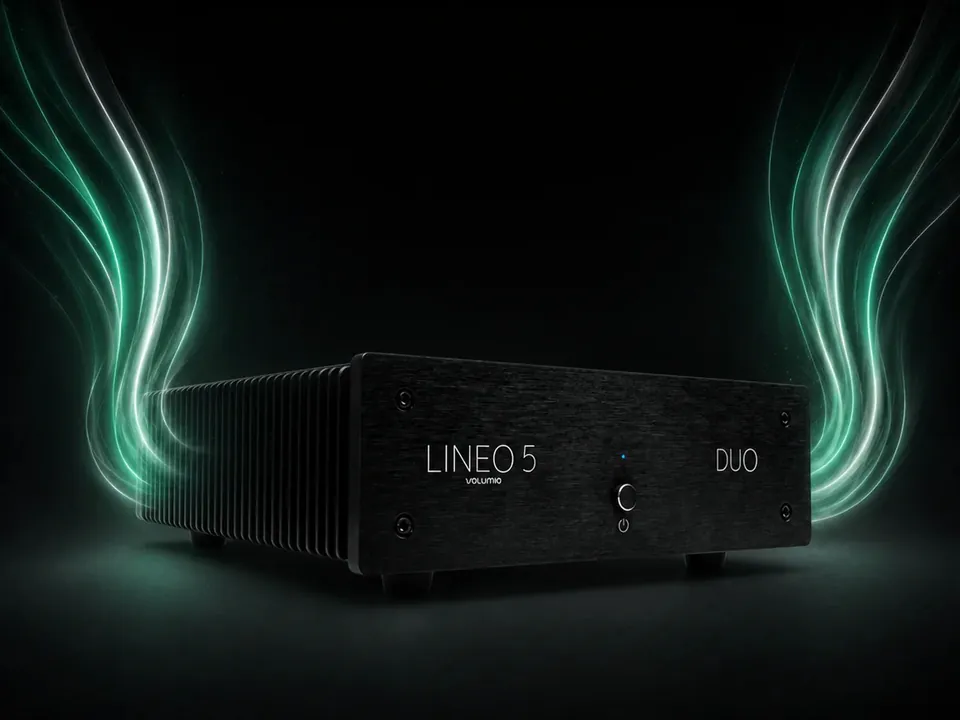 A render of Lineo5 Duo on a dark ground, with heatsink fins along its side and green light trails rising behind it.