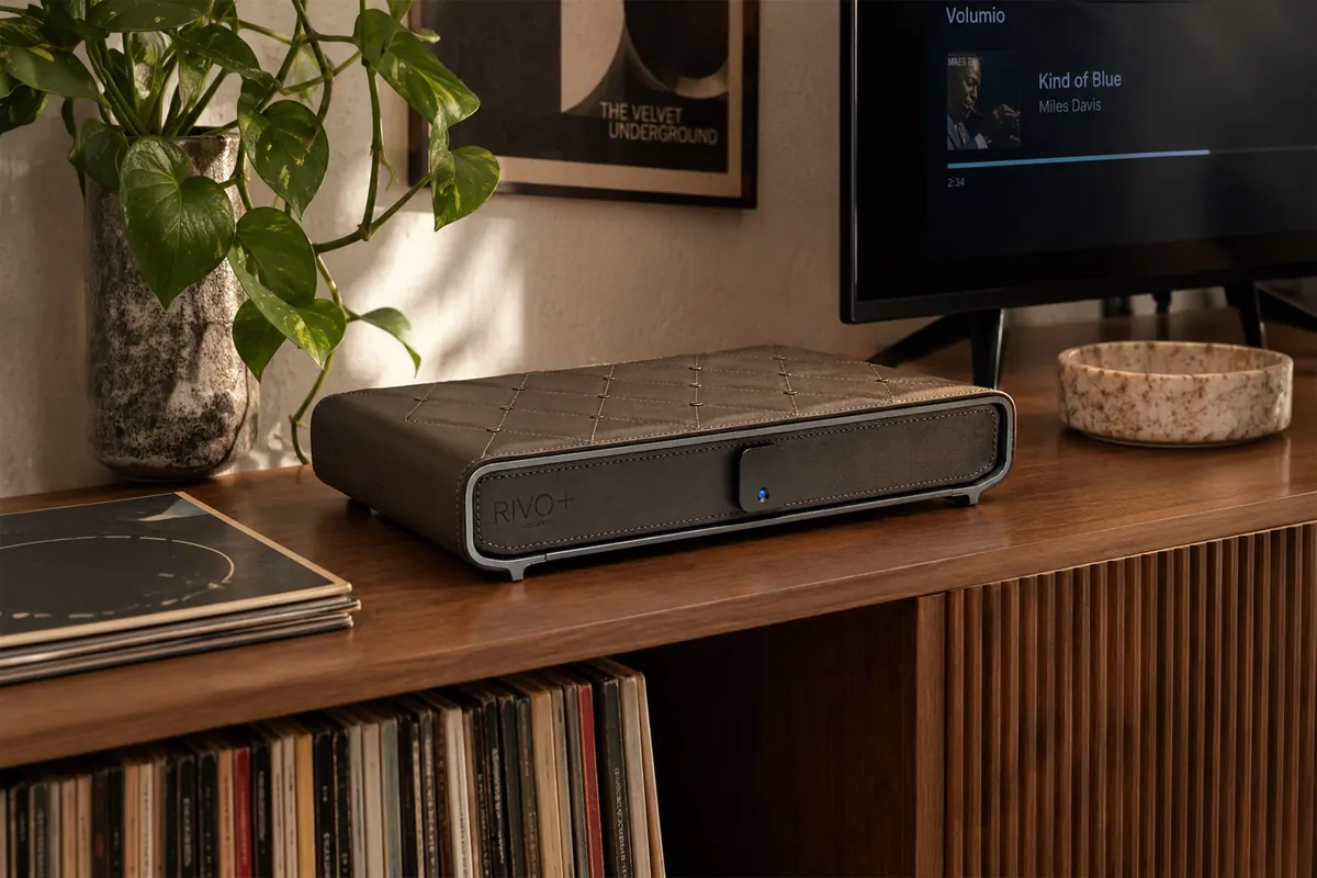 Rivo+ Special Edition on a wooden sideboard, with brown leather on the front and a diamond-stitched top, next to a plant, records and a TV.