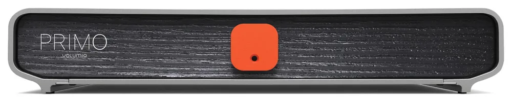 Primo V2 in the Classic finish, from the front: a dark wood-textured panel in a grey frame, with an orange button.