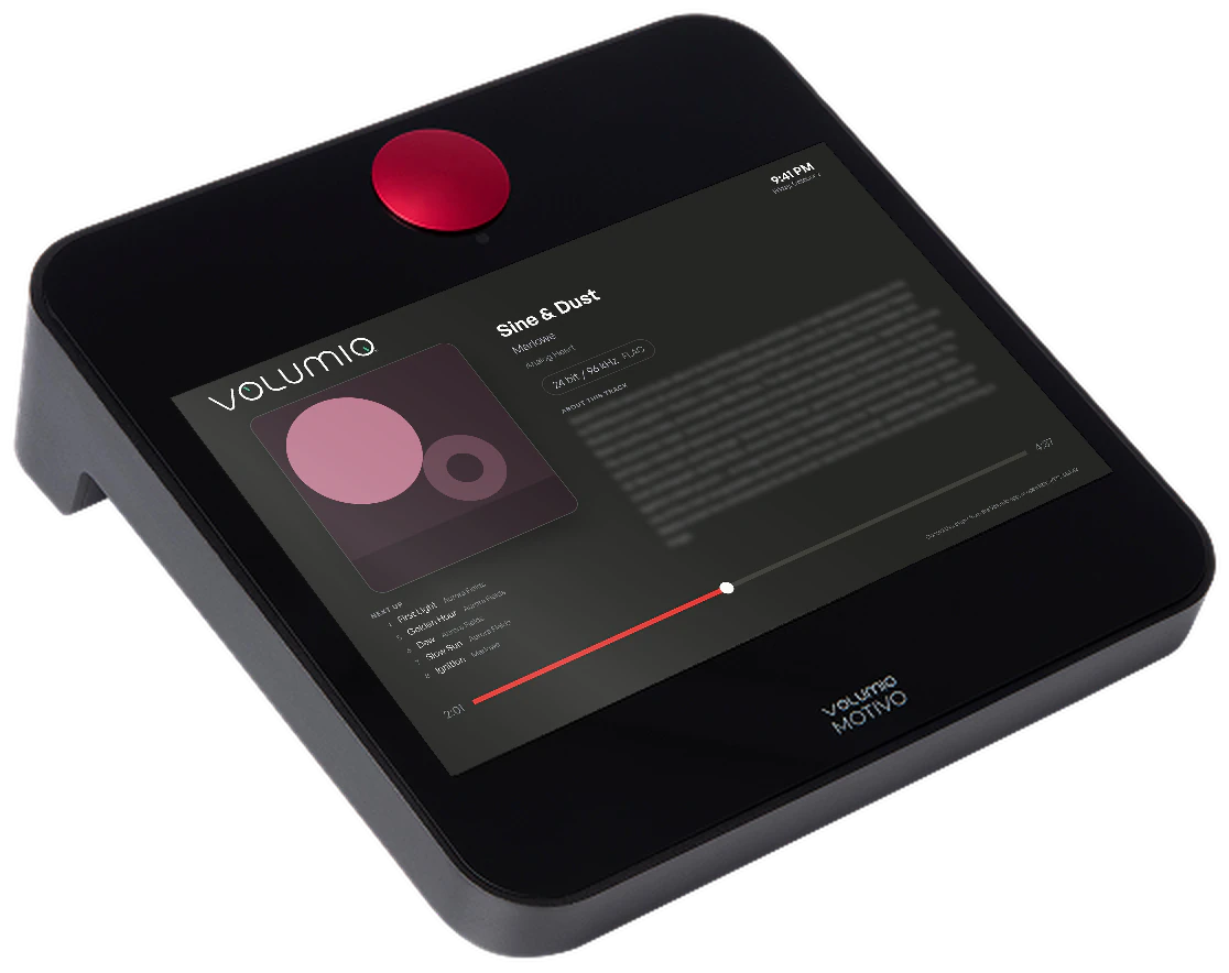 A Volumio Motivo showing Nova's Display mode on its touch screen.