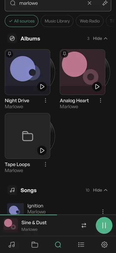 The Volumio app on an Android phone: search across your sources.