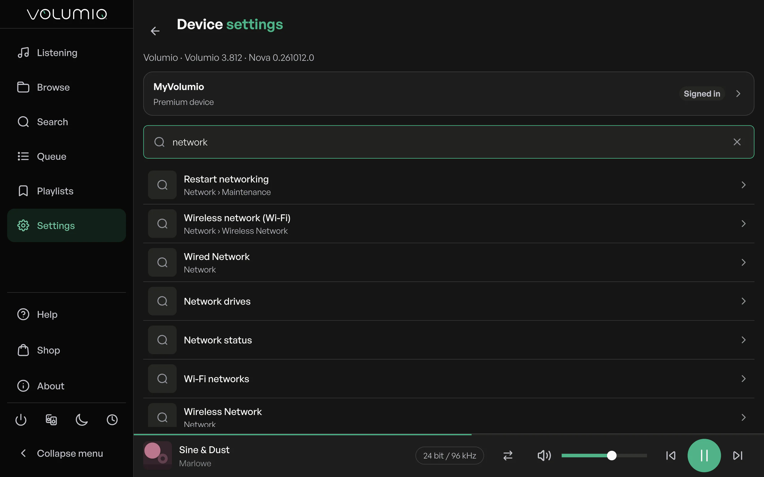 Nova's settings search with results for network.