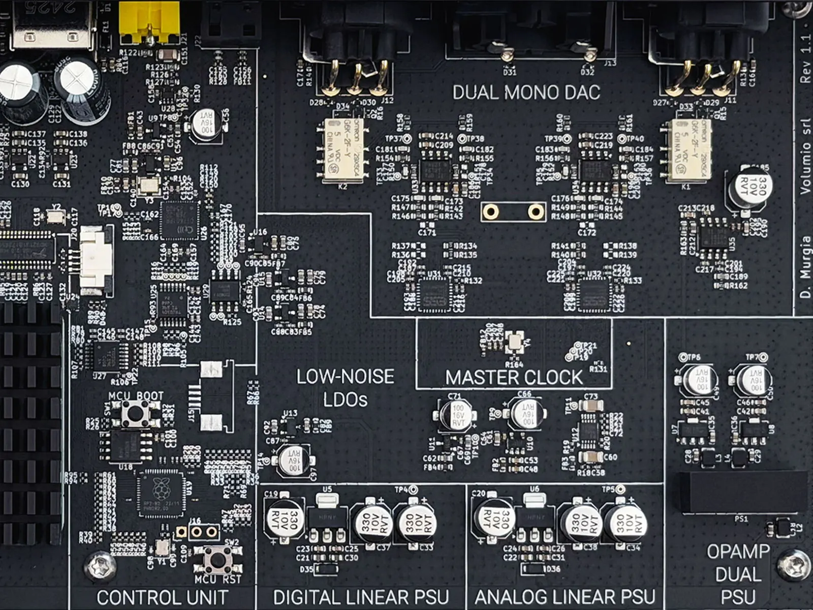The Primo Plus main board, with each section named on the board: control unit, low-noise LDOs, dual mono DAC, master clock, digital and analog linear power supplies, and the op-amp dual power supply.