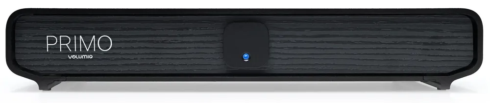 Primo V3 from the front, black with a wood-textured panel and a black button.