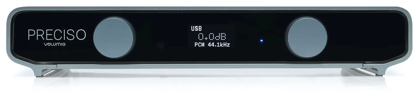 Volumio Preciso from the front: a black front panel with the Preciso name, two grey knobs and a small display that reads USB, 0.0dB and PCM 44.1kHz, in a dark grey case.
