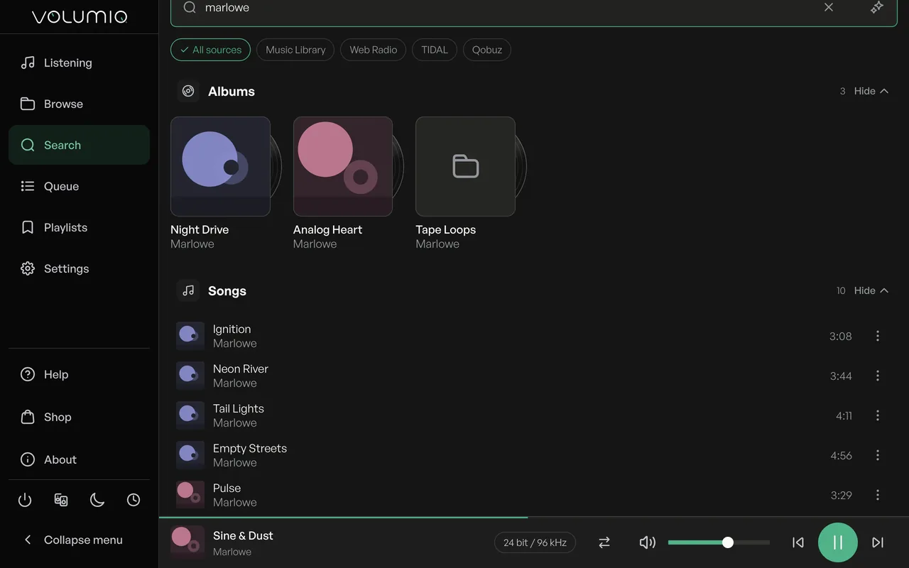 Nova's search, with results from every source: the music library, web radio, TIDAL and Qobuz.