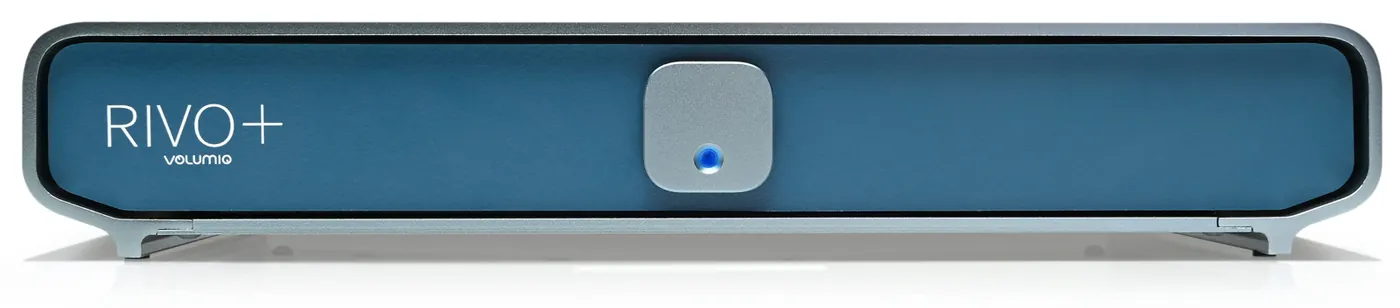 Volumio Rivo+ in the Classic finish, from the front: a deep blue front panel with the Rivo+ name and a square grey button lit in blue, in a grey case.
