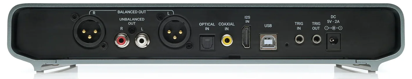 The back of Preciso, labelled from left: BALANCED OUT R and L on two XLR sockets, with UNBALANCED OUT R and L on two RCA sockets between them, then OPTICAL IN, COAXIAL IN, I2S IN on an HDMI socket, USB, TRIG IN, TRIG OUT and DC 5V - 2A.