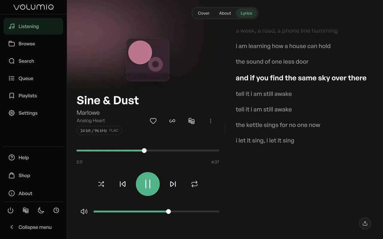 Nova's lyrics view next to the album artwork, with the current line highlighted.