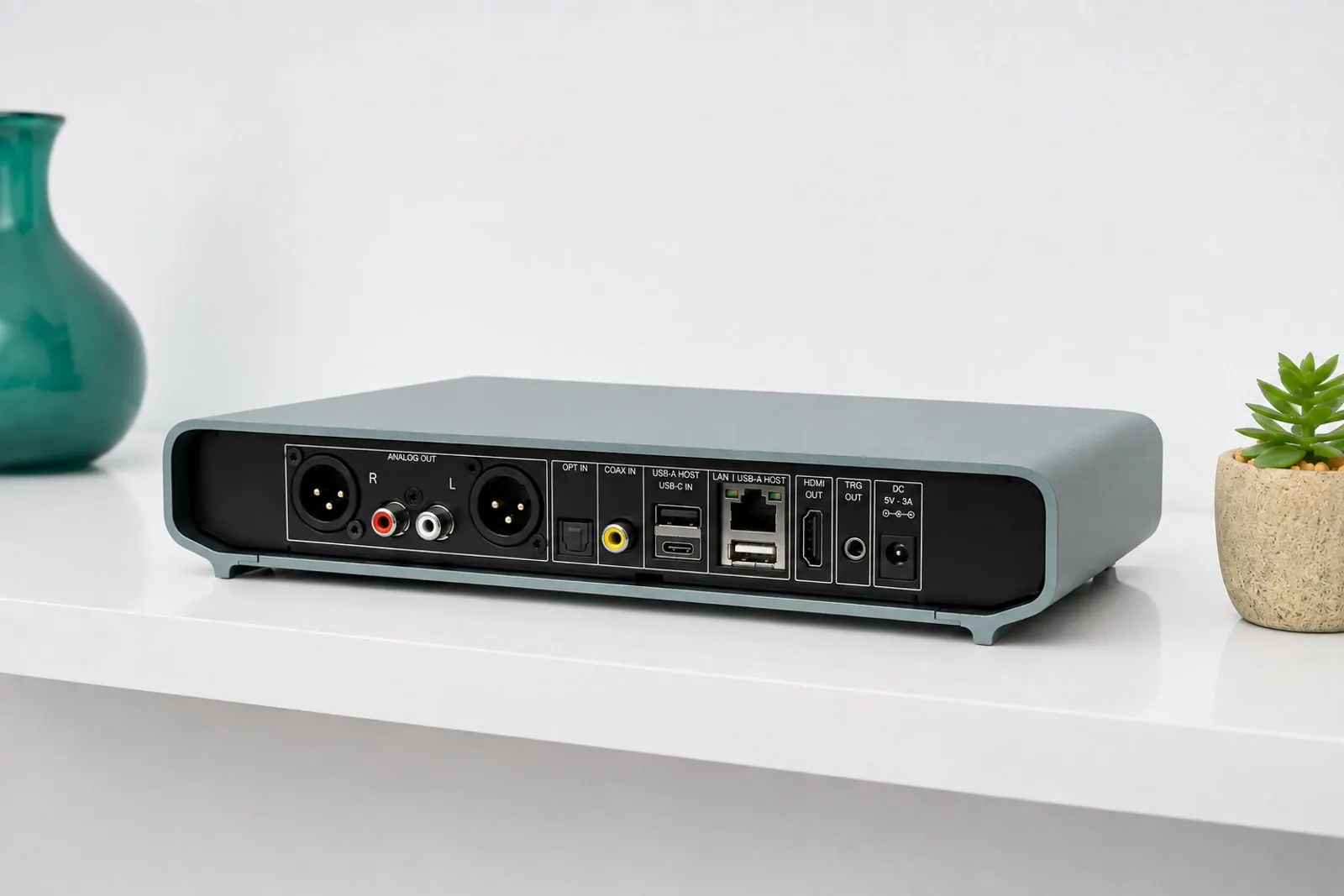 The back of Primo Plus on a shelf, with its audio, network and USB connections.