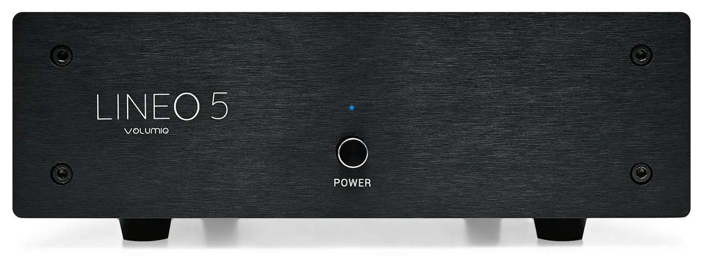 Volumio Lineo5 from the front: a black aluminum case printed with LINEO 5, a small blue light and a round power button.