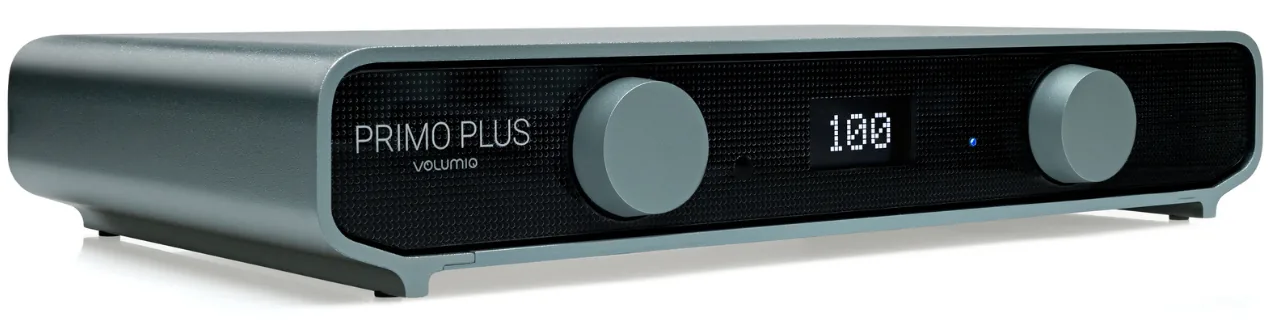 Primo Plus seen from the front left, with its two knobs and the small OLED display.