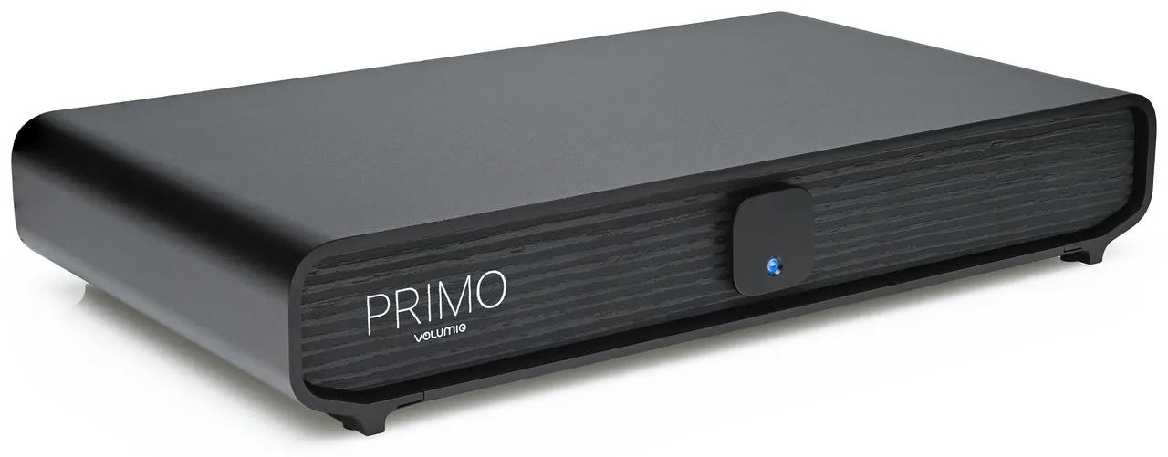 Primo V3 seen from the front left: a black case with a wood-textured front, the Primo name and a square button with a blue light.