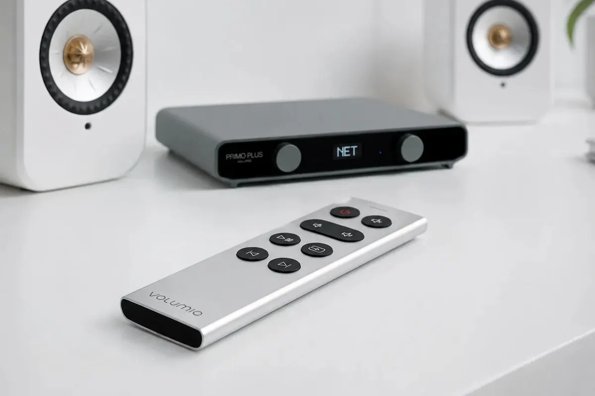 Remoto on a white shelf, in front of a Primo Plus whose display reads NET, between two white speakers.