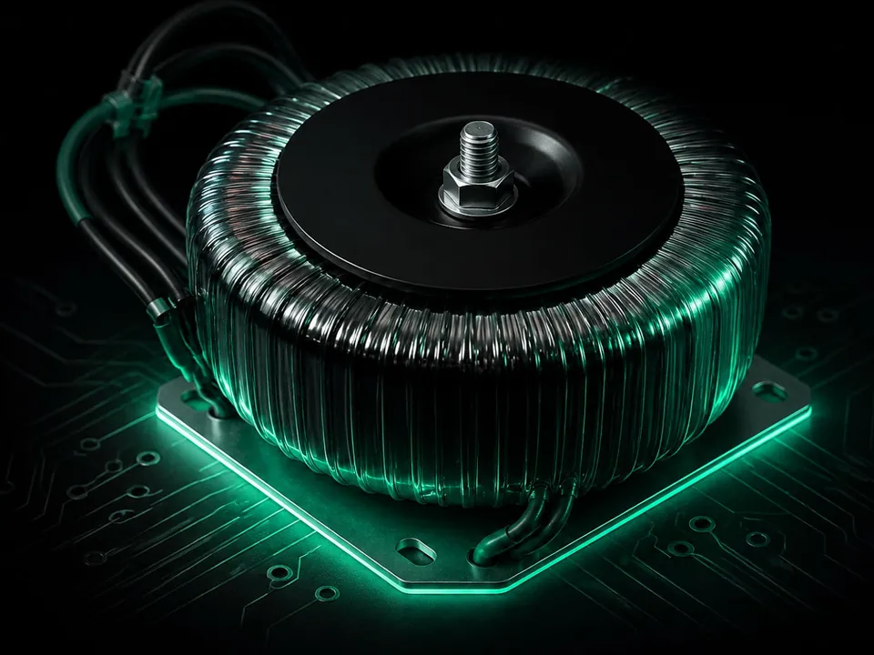 A render of a toroidal transformer: a ring of copper windings around a central bolt, lit green from below.