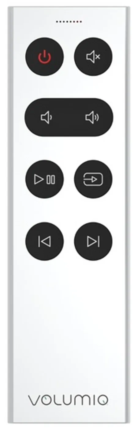 Remoto from the front, with a row of small dots at the top. Its black buttons carry, from the top: a red power symbol and a speaker with a cross; a wide button with a speaker symbol at each end; play and pause, and a box with an arrow pointing into it; skip back and skip forward. VOLUMIO is printed at the bottom.