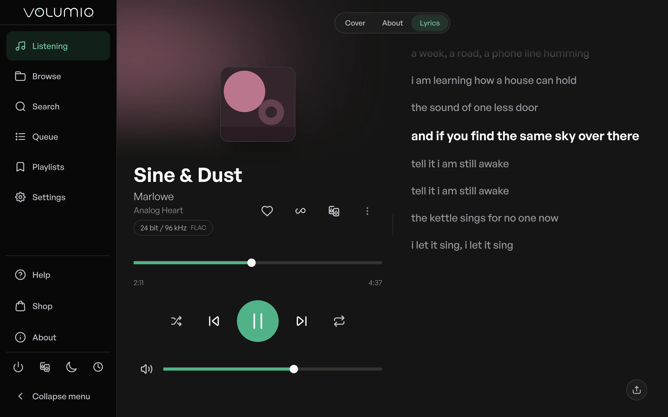 Nova's lyrics view on a computer, with the current line highlighted.