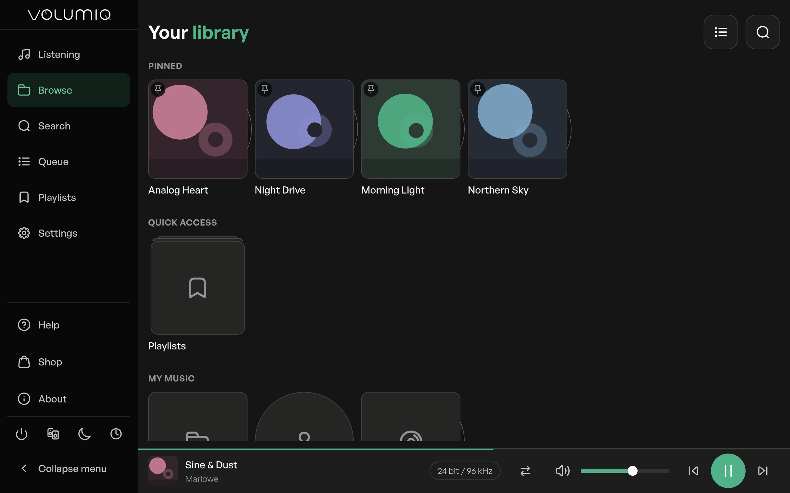 Nova's Browse screen with four pinned albums at the top.