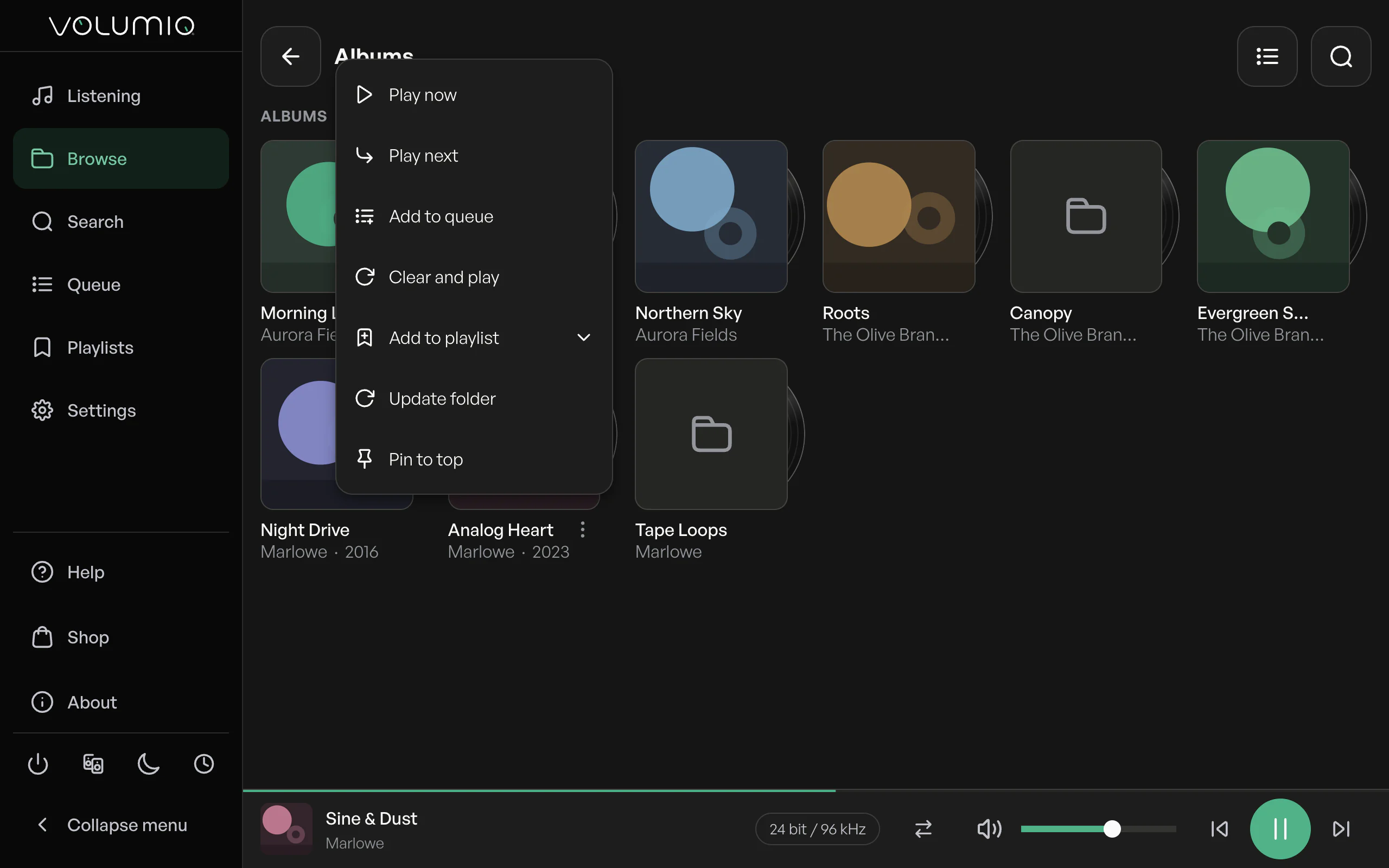 Nova's Browse screen with an album menu open on Pin to top.