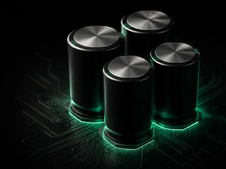 A render of four cylindrical capacitors with brushed metal tops on a circuit board, lit green from below.